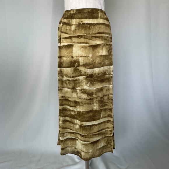 Boho Midi Skirt Size Small Green Brown Abstract Crinkle Pleated Fairy Whimsigoth - Picture 2 of 13